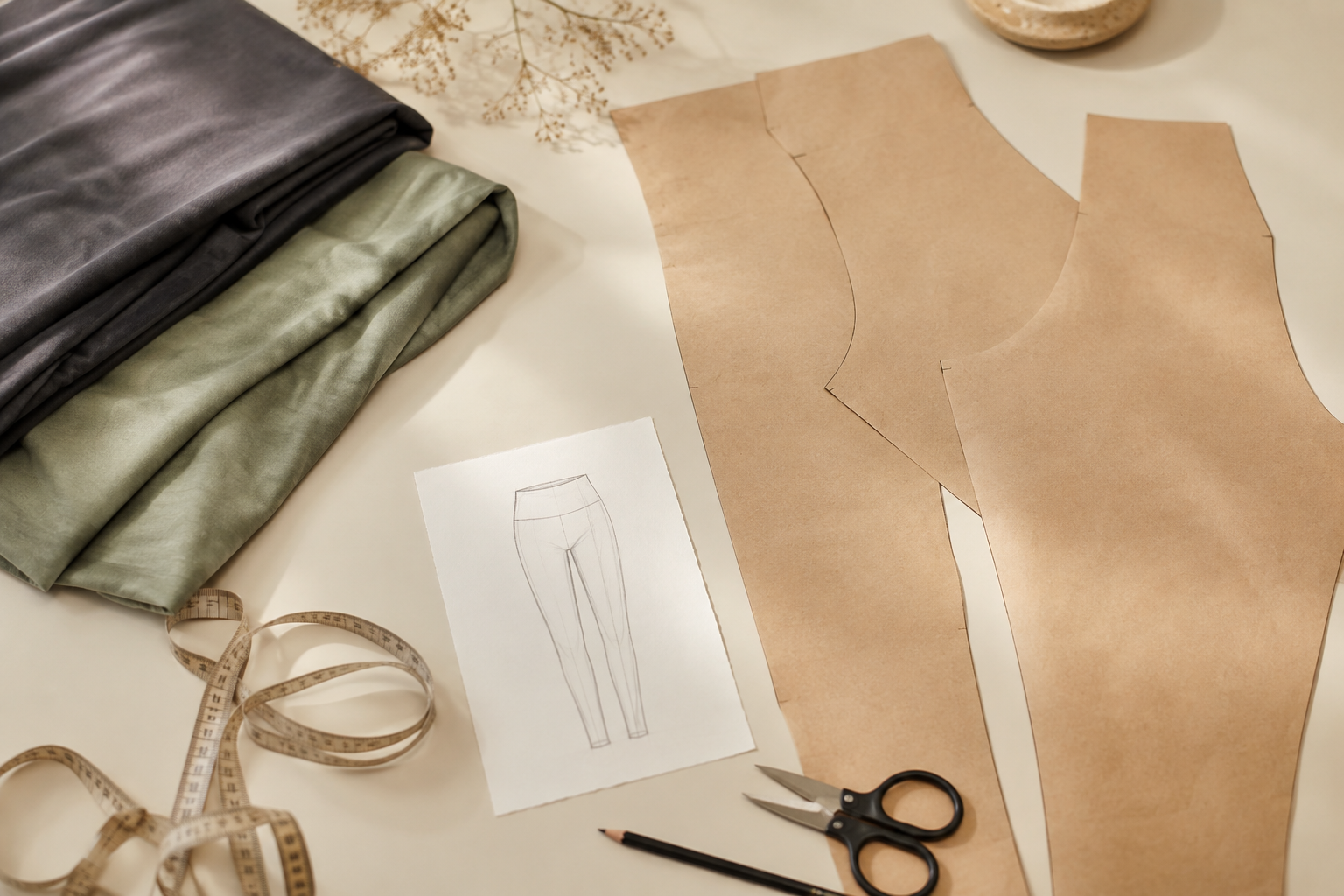 Illustrative yoga wear development desk with sketches, fabric and pattern pieces